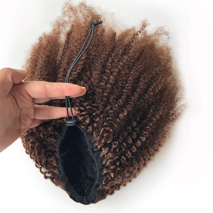 GREEMEO Afro Puffy Human Hair Ponytail Extensions Drawstring 100% Real Remy Hair Afro Kinkys Curly Bun Extension With Two Combs #4 Medium Brown 10 Inches