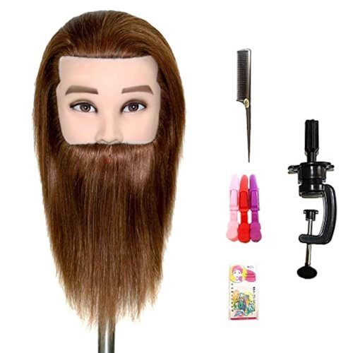 JMHAIR 12" Male Mannequin Head Human Hair styling Training Head Cosmetology Barber Mannequin Head (Brown With Beard)