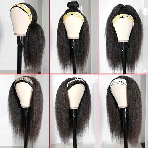Headband Wig Human Hair 18 Inch Kinky Straight Headband Wigs for Black Women Yaki Straight Human Hair Headband Wig Half Wig Human Hair Natural Black Color