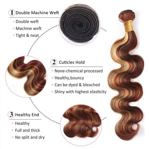 P2733 Highlight Honey Blonde Bundles Human Hair Reddish Brown Body Wave 3 Bundles 22 24 26 inch Brazilian Virgin Hair Extensions