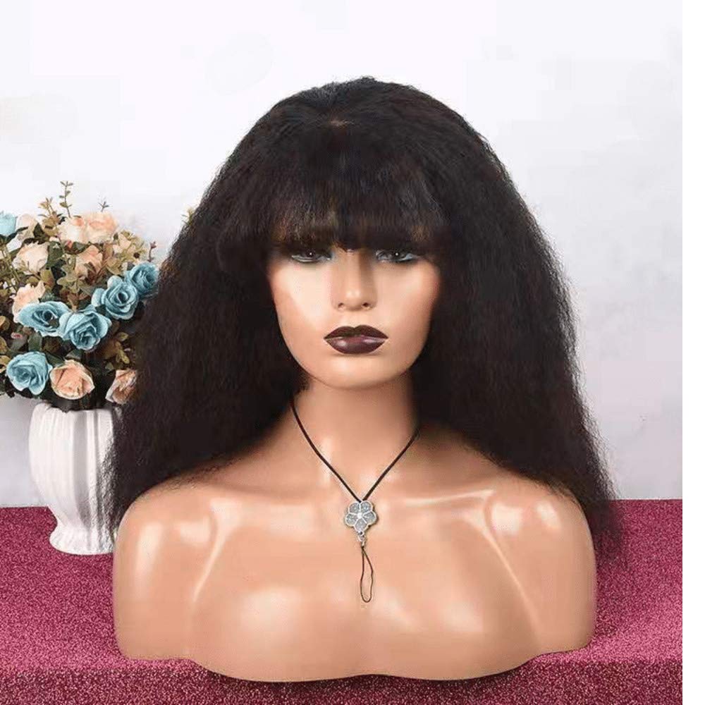 meishengzhiyuan Kinky Blow Out Wig With Bangs Human Hair None Lace Front Wig Glueless Kinky Straight Scalp Top Wig Full Machine Made Brazilian Remy Hair 150% Density Natural Color 14"