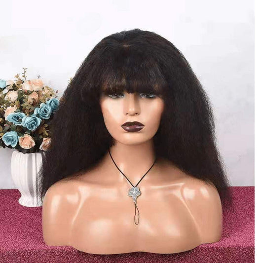 meishengzhiyuan Kinky Blow Out Wig With Bangs Human Hair None Lace Front Wig Glueless Kinky Straight Scalp Top Wig Full Machine Made Brazilian Remy Hair 150% Density Natural Color 14"