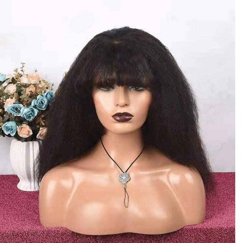 meishengzhiyuan Kinky Blow Out Wig With Bangs Human Hair None Lace Front Wig Glueless Kinky Straight Scalp Top Wig Full Machine Made Brazilian Remy Hair 150 Density Natural Color 12 inch