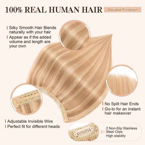 Halo Hair Extensions Real Human Hair,S-noilite 100% Human Hair Halo Extensions for Women,70g/20inch 12P613 Golden Brown Mixed Bleach Blonde