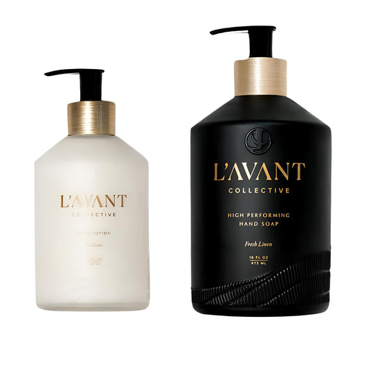 L'AVANT Collective Hand Lotion & Hand Soap Bundle Fresh Linen | High Performing Formula Luxurious Ingredients for Soft & Smooth Hands | 2 Glass Bottles Kitchen Accessories Home Decor Hostess Gifts