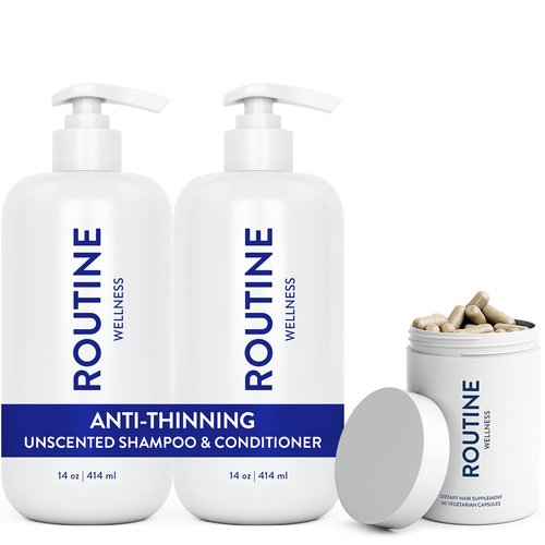 Routine Wellness Anti-Thinning Unscented Shampoo and Conditioner Set for Thinning Hair & Biotin Advanced Hair Supplement