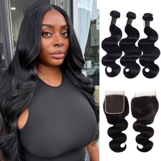 12A Body Wave Human Hair Bundles with Closure 18 20 22Inch Brazilian Body Wave 100% Unprocessed Virgin Human Hair Extensions 3 Bundles with 4x4 Lace Closure Free Part Natural Black Color