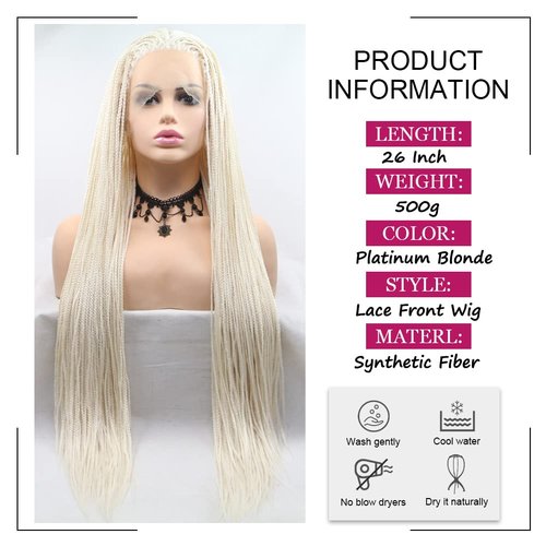 Angle Lucky Platinum Blonde Braided Lace Front Wig Long Synthetic White Micro Braid Lace Wig Heat Resistant Fiber Afro Braids for Women Party Drag Queen