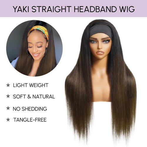 YIROO Headband Human Hair Wig Ombre Brown Yaki Straight Glueless Put on and Go Wigs with Dark Roots Drawstring Chestnut Brown 12A Highlight No Lace No Glue 30S Ready to Wear Headband Wigs 18Inch