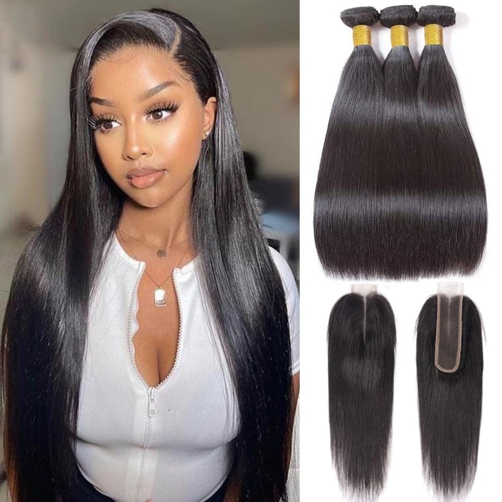 10A Brazilian Straight Human Hair Bundles with 2x6 Closure 18 20 22+16 Inch 100% Unprocessed Straight Virgin Hair Weave Bundles Human Hair with 2x6 HD Lace Closure