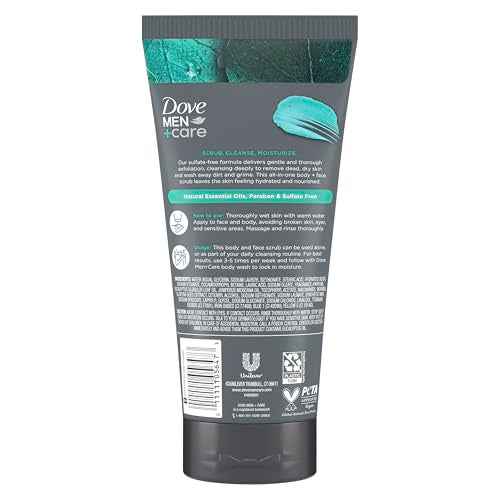 DOVE MEN + CARE Body and Face Scrub Eucalyptus Deeply Exfoliates for Hydrated & Nourished Skin 100% Gentle Cleanser, No Sulfate Cleansers or Parabens 9 oz
