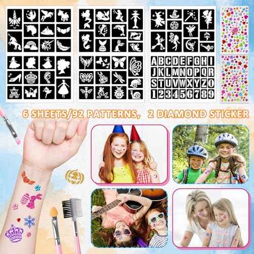 12 Color Temporary Glitter Tattoo Kit for Kid, with 92 Stencils, 2 diamond stickers, 2 Glues & 5 Brushes, Adults & Kids Arts Glitter Make Up Kit, Beautiful Holiday Gifts for Girls & Boys.