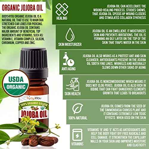 BodyJ4You 100% USDA Organic Jojoba Oil Piercing Aftercare - Stretched Ear Gauges Tragus Nose Septum Lip Navel - Natural Recovery Skin Moisturizer - Pure Unrefined Wax - 0.17 Fl Oz