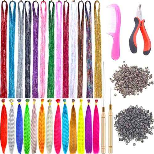 13 Colors Hair Tinsel with Tools Kit 43 Inch 2600 Strands Tinsel Hair Extensions Sparkling Shiny Hair Pieces for Christmas Cosplay Party Halloween with 13Pcs Synthetic Feather