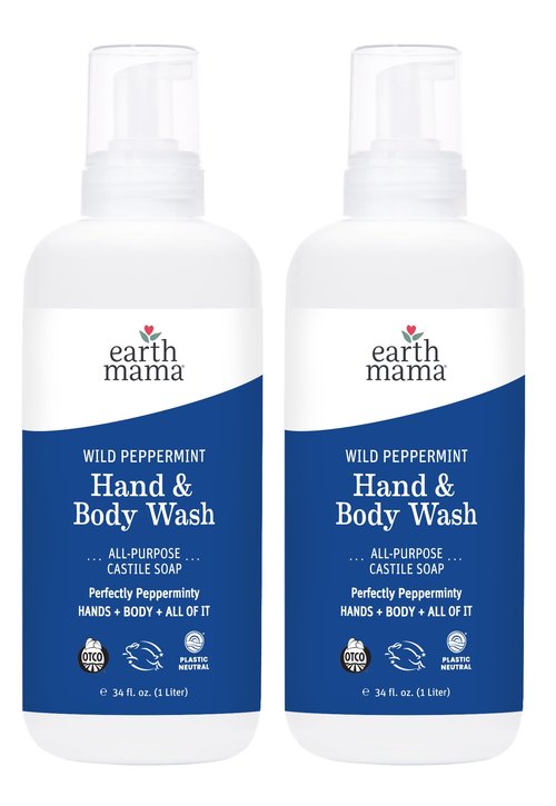 Earth Mama Wild Peppermint Hand & Body Wash | Foaming Hand Soap Refill, Castile Soap Liquid Made with Organic Wild Mint & Peppermint Oil, 34 fl oz (2-Pack)