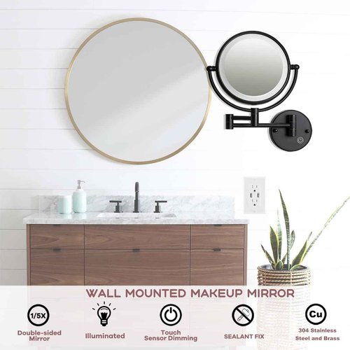 RECKODOR Hard Wired Make up Mirror Magnifying Lighted Black Wall Mounted, 8" 1X/5X Double-Sided 360 Swivel Extendable Arm Bathroom Makeup Mirror Wall Mount, Touch Dimmable, Matt Black
