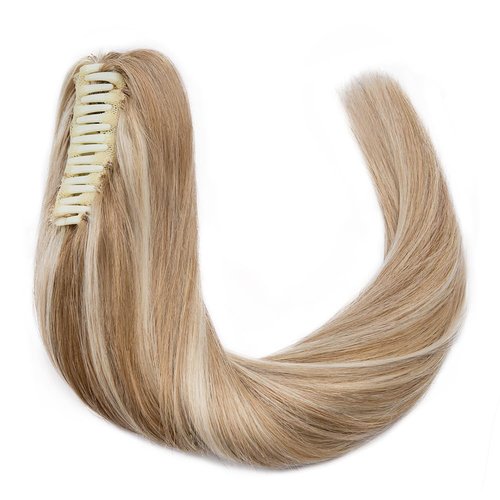 MY-LADY Ponytail Extension Human Hair Claw Clip in Ponytail Hair Extension Long Straight Pony Tail Hair Extensions Real Human Hair for Women Golden Brown & Bleach Blonde 14 Inch 105g