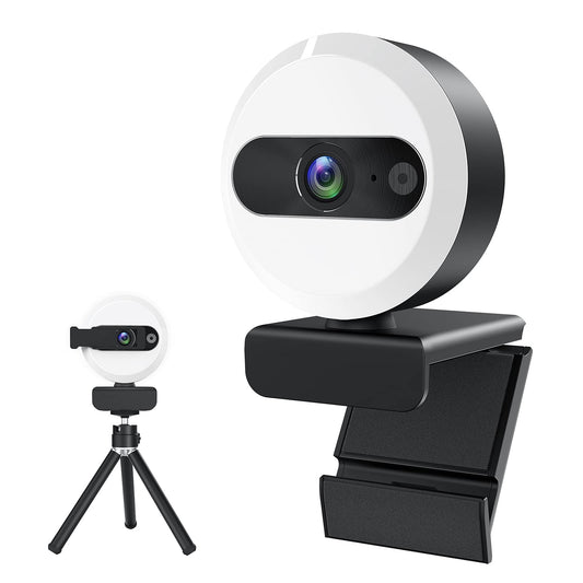 2K Webcam with Light and Tripod, Full HD PC Camera Built-in Privacy Cover, 360° Rotation, Adjustable Brightness, Plug and Play USB Computer Webcam for Meeting, Live Streaming, Video Calls, Gaming