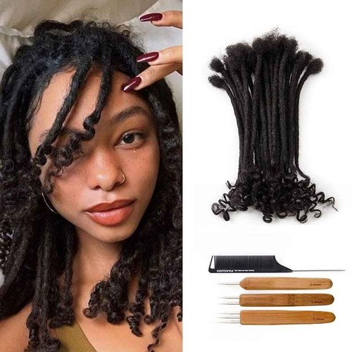 FAMILOCS Loose Curly Ends Human Hair Dreadlocks Extensions 0.4cm-0.8cm Width 8-16 Inch 100% Human Hair Handmade Loc Extensions with Needle and Comb (10 Inch 20 Strands, 0.4cm Width, Natural Black)