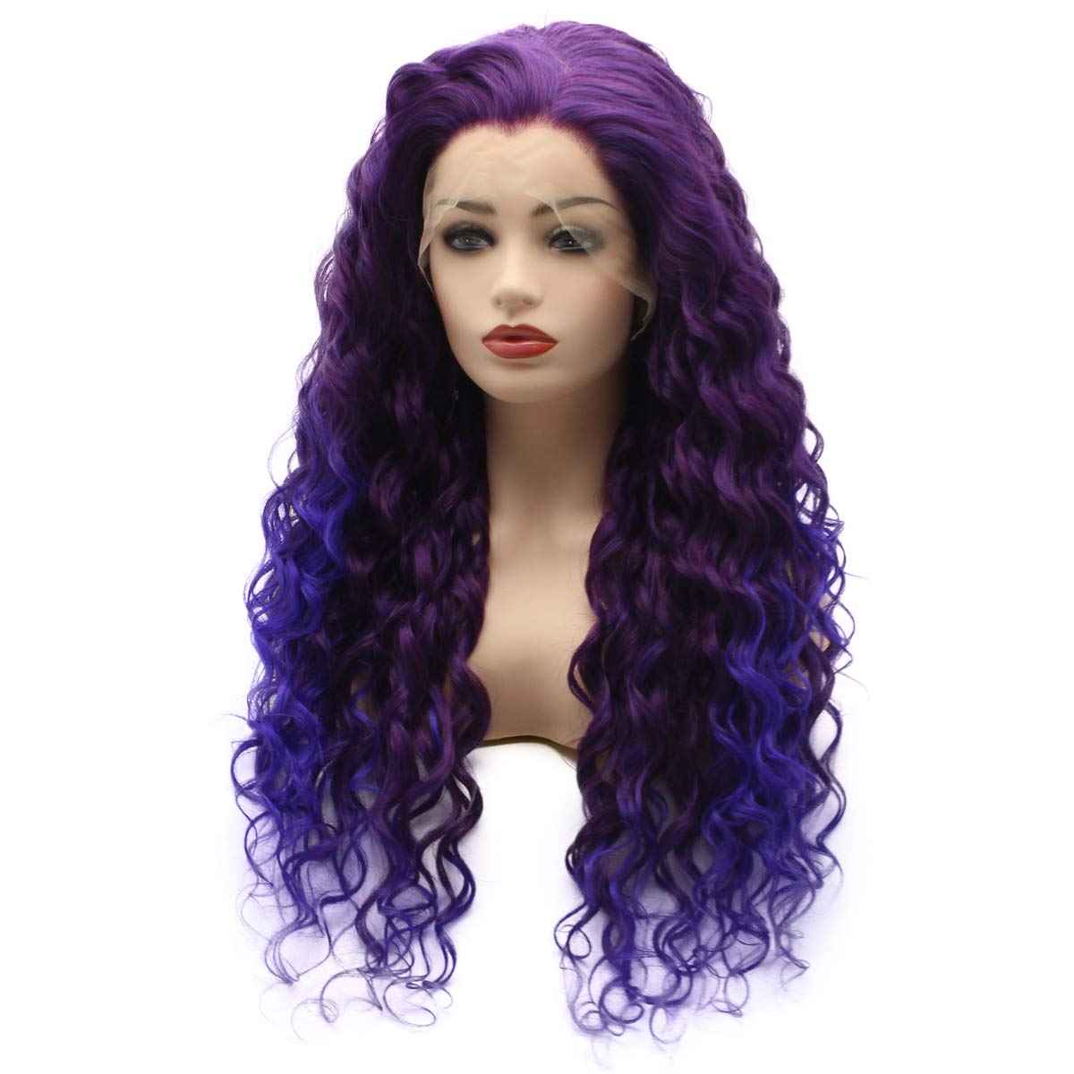 Meiyite Hair Curly Long 26inch Purple Root Light Purple Ombre Half Hand Tied Heavy Density Synthetic Lace Front Wigs