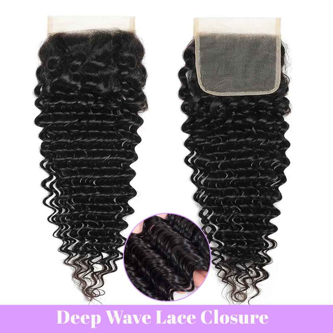 Human Hair Bundles with Closure (20 22 24+18 Closure) Deep Wave Bundles with Closure 100% Unprocessed Brazilian Virgin Curly Closure with Bundles Human Hair Weave with 4x4 Lace Closure Natural Color