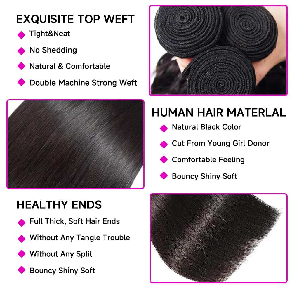 12A Straight Bundles Human Hair 20 22 24 Inch 3 Bundles Human Hair Straight Human Hair Bundles 100% Unprocessed Brazilian Virgin Human Hair Extension