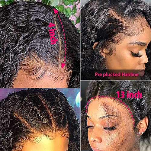 QinMei 13x4 Deep Wave Human Hair Lace Front Wigs for Black Women Brazilian Virgin Human Hair Deep Curly Lace Front Wigs with Baby Hair Pre Plucked Bleached Knots Natural Color 180% Density 20 Inch