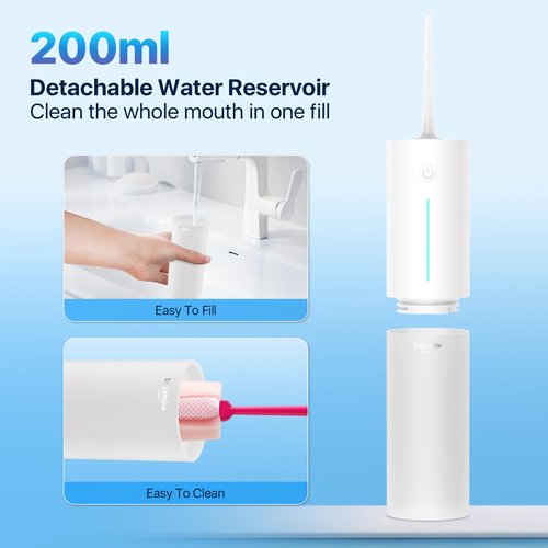 Bigsmile Water Dental Flosser, Portable Cordless, 200ML, Rechargeable, IPX7 Waterproof, Effectively Keep Mouth Clean and Healthy (White)