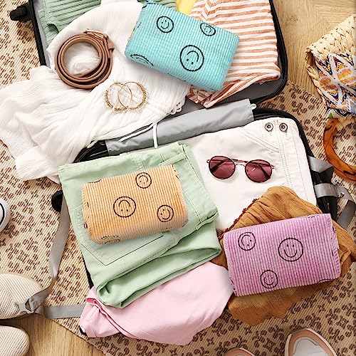 Photect 3 Pcs Corduroy Cosmetic Bag Smile Face Aesthetic Preppy Pencil Pouch Purse Travel Beauty Makeup Bags for School Christmas Women Holiday Organizer Gifts(Classic,Pink, Yellow, Green)