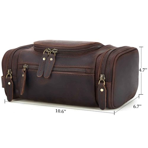 Polare Toiletry Bag Full Grain Leather Shaving Kit Dopp Kit Travel Case Wash Bag with YKK Zippers (Dark Brown)
