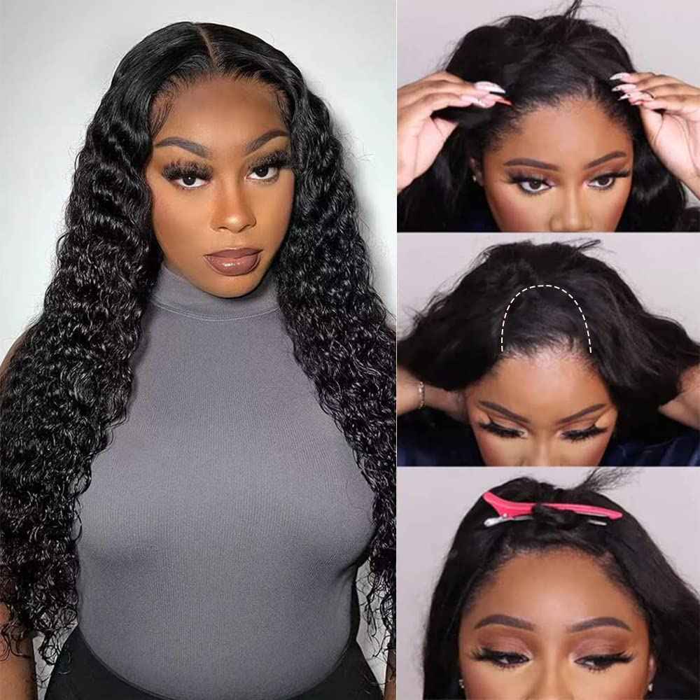 kloiynj U Part Wigs Human Hair for Black Women Deep Wave Human Hair Brazilian Hair Full Head Clip in Half Wig V Part Glueless Wigs Human Hair Pre Plucked U Shape Wigs (Natural Black, 22 inch)