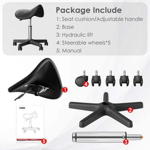 CLORIS Saddle Rolling Stool Hold up to 400 LBS Height Adjustable Swivel Chair Nylon Feet with Wheels for Spa, Massage, Salon, Home, Office, Medical, Tatoo, Bar Black