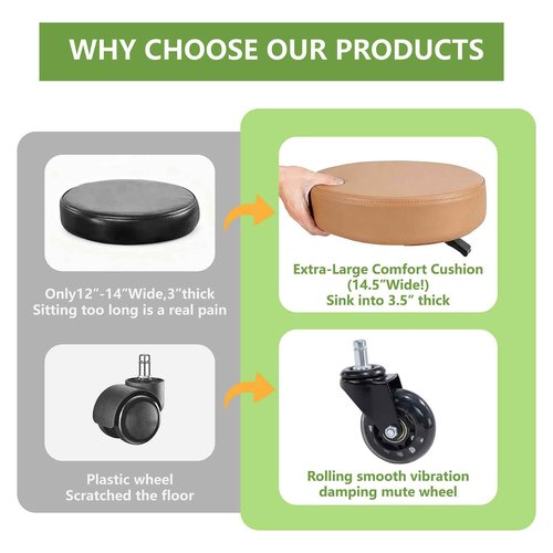 Coczeb Rolling Salon Stool with Wheels 360° Adjustable Height (15"-21.6") Extra Wide Seat, Silent Rollers & 400LB Capacity for Hair, Nail & Home Office(Brown)