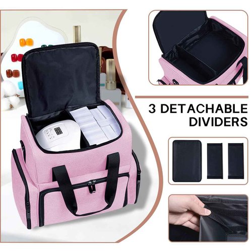 YAHOURWAT Nail Polish Organizer Case Holds 80 Bottles (15ml - 0.5 fl.oz) and a Nail Lamp,Nail Polish Case with 2 Removable Bags and Tools Storage Sections Pink