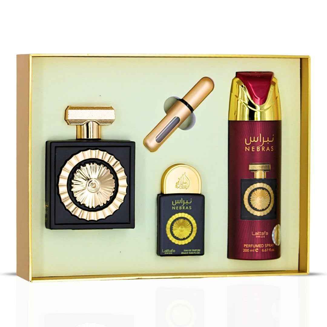 Lattafa Pride Nebras 3-Piece Luxury Perfume Gift Set for Women & Men - Gourmand Berry & Chocolate | Juicy Raspberry, Dark Cocoa & Vanilla |Long-Lasting Indulgent Scents (Gift Set)