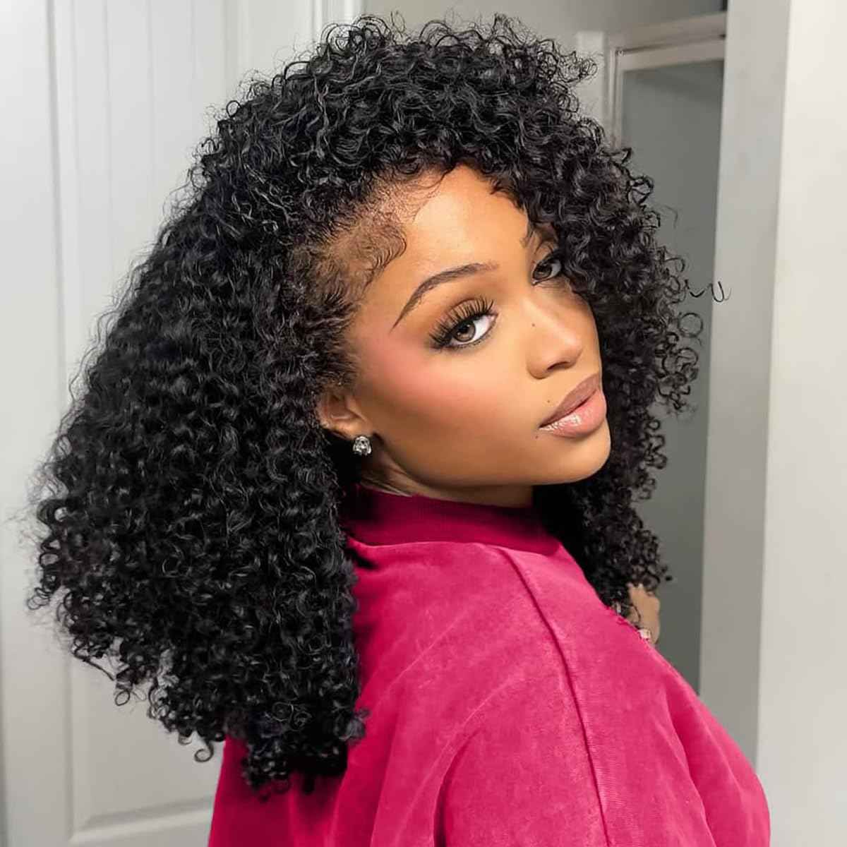 Kinky Curly Half Wig Human Hair 200% Density 3 In 1 Seamless Flip Over Half Wigs Human Hair Glueless Wear and Go Beginner Friendly Kinky Curly Wig Human Hair Drawstring Headband Wig for Women 20 Inch