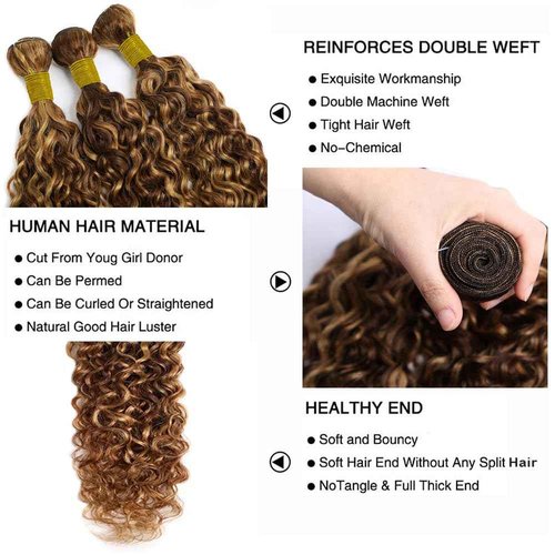 Honey Brown Bundles Human Hair Highlight Curly Bundle P4/27 Human Hair Bundles 18 20 22 Inch Ombre Brown Bundle Brazilian Virgin Remy Hair Extensions 3Pcs/Set Deals