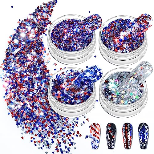 Allstarry Nail Glitter 4Pcs Holographic America's Patriotic Nail Art Glitter Sparkly Red Blue Chunky Flakes Veterans Day Body Sequin 4th of July Decoration for Olympics Party Manicure Independence Day
