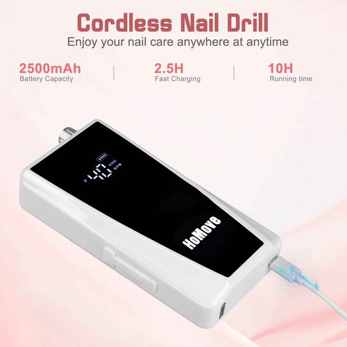 Nail Drill Professional, 40000RPM Rechargeable Electric Nail Drill with Corelss Motor, HoMove Cordless Nail Efile with Clock Power Dock for Acrylic Gel Nails Remove, Low Noise Low Vibration