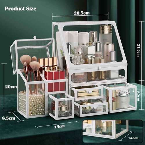Haoh Glass Makeup Organizer Multi-Functional with Pearl Makeup Organizer with Drawers for Bathroom Vanity Organizer Skincare Lipstick Brushes