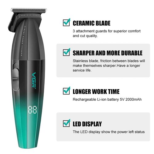 VGR Professional Hair Clipper and Trimmer Set for Men, Barber Clipper and Zero Gap T-Blade Trimmer Kit, Cordless USB Rechargeable Hair Cutting Kit with 9 Guide Combs, Ceramic Blade, LED Display