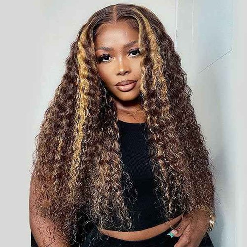 Chesma 28inch Highlight Ombre Lace Front Wig Human Hair 13x4 HD Honey Blonde 4/27 Deep Wave Lace Frontal Wigs Glueless Wigs 180 Density