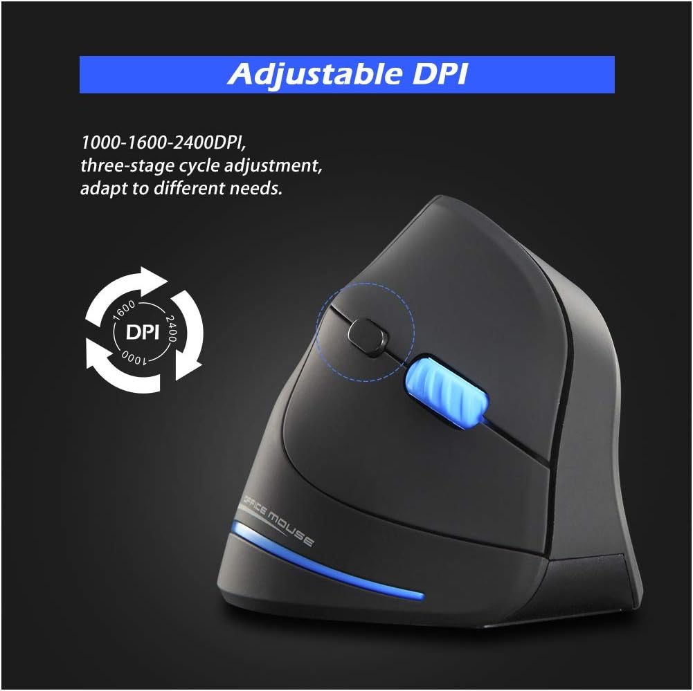 ZLOT Vertical Wireless Mouse,2.4G USB Optical Ergonomic Mice with 3 Adjustable DPI 1000/1600/2400 and 6 Buttons for Laptop, PC, Computer, Desktop, Black