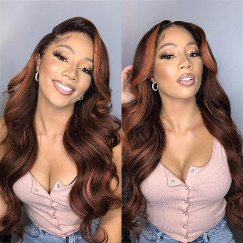 Rina Ginger Skunk Stripe Wig Human Hair Reddish Brown With Ginger Orange Body Wave 13x4 HD Lace Front Wigs 180% Density Autumn Brown with Highlight Ginger Colored Human Hair Wig 20 Inch