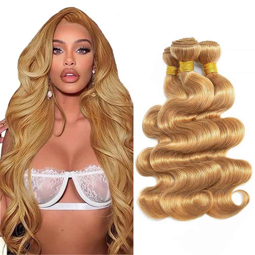Honey Blonde Human Hair Bundles 14 16 18 Inch Body Wave Bundles Human Hair Unprocessed Native Virgin Hair 100/PC 3 Extensions #27 Blonde Color Wet and Wavy Human Hair Extensions for Women