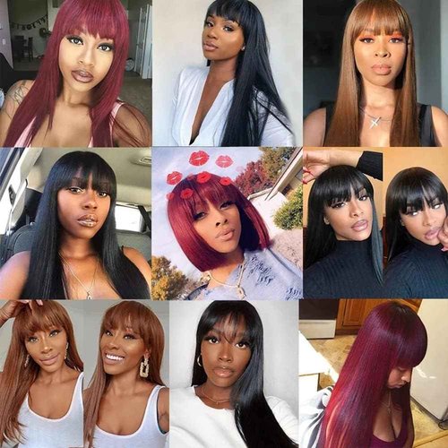 LOVFIR Straight Wig with Bangs Human Hair for Black Women Upgrade 2x1 HD Lace Glueless Wigs with Bangs Human Hair 150% Density Brazilian Virgin Hair 18 Inch