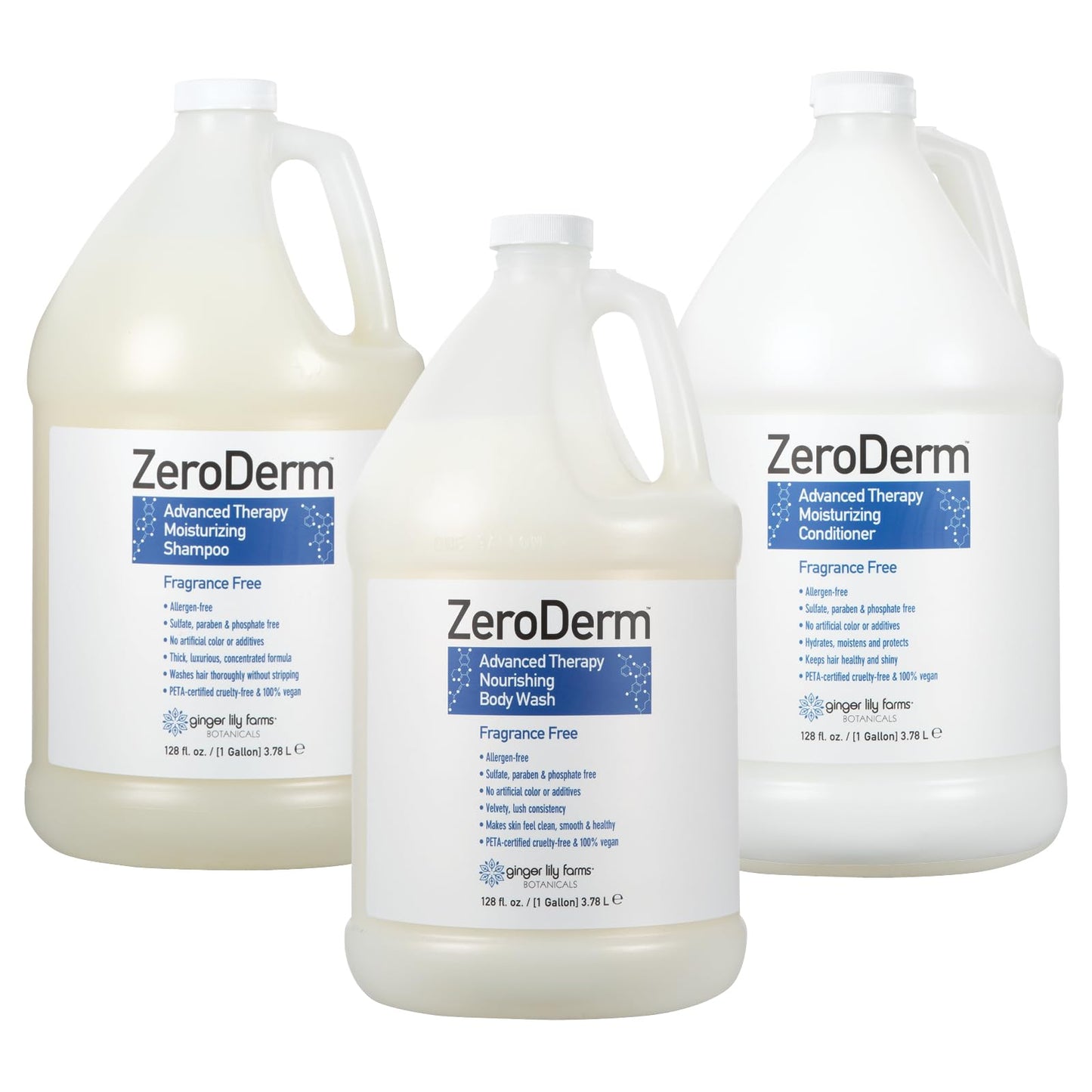 Ginger Lily Farms Botanicals ZeroDerm Advanced Therapy Body Wash + Shampoo + Conditioner Bundle, 1 Gallon Each