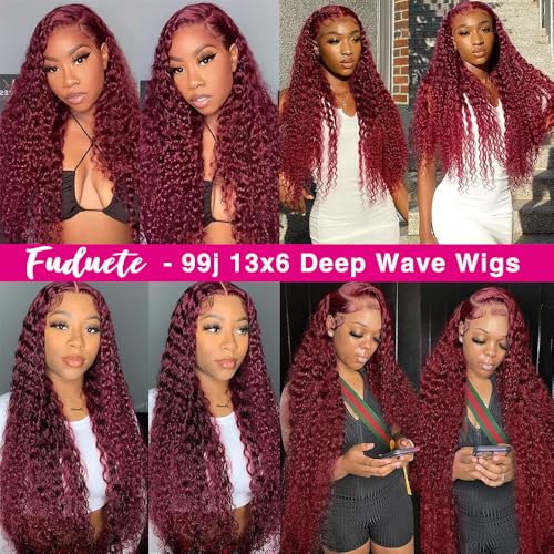 99J Burgundy Deep Wave 13x6 Lace Front Wigs Human Hair 200% Density Lace Frontal Wigs Human Hair Pre Plucked 99j Burgundy Deep Curly Wave HD Lace Front Wigs for Women (16Inch)