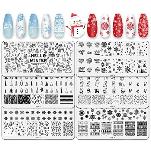 Whaline 6 Pieces Winter Nail Art Stamping Plates Kit Snowman Snowflake Pine Tree Sweater Image Stamp Templates Hello Winter Nail Art Plates for Winter Xmas DIY Print Manicure Salon Design Gift