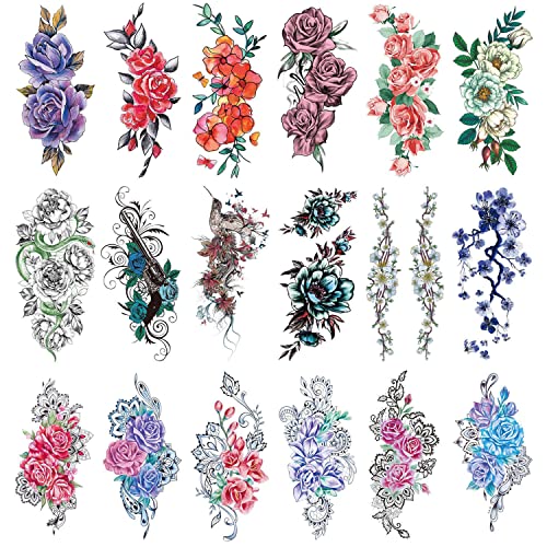 Glaryyears Temporary Tattoos for Women Female, 18-Pack Large Big Fake Tattoos, Long-lasting Flower Tattoos, Floral Design Variety Pack Realistic Tattoos 3D, Sexy for Body Arm Chest Shoulder Thigh